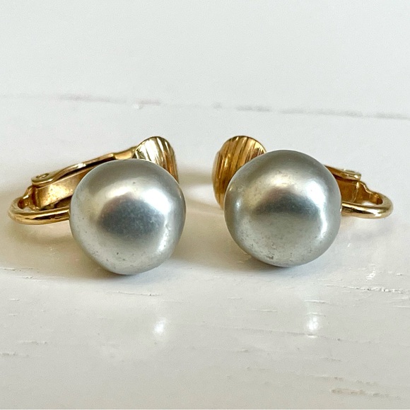 Avon Jewelry - Avon Vintage Silver Gray Faux Pearl Gold-Tone Clip Earrings Minimalist Chic EUC